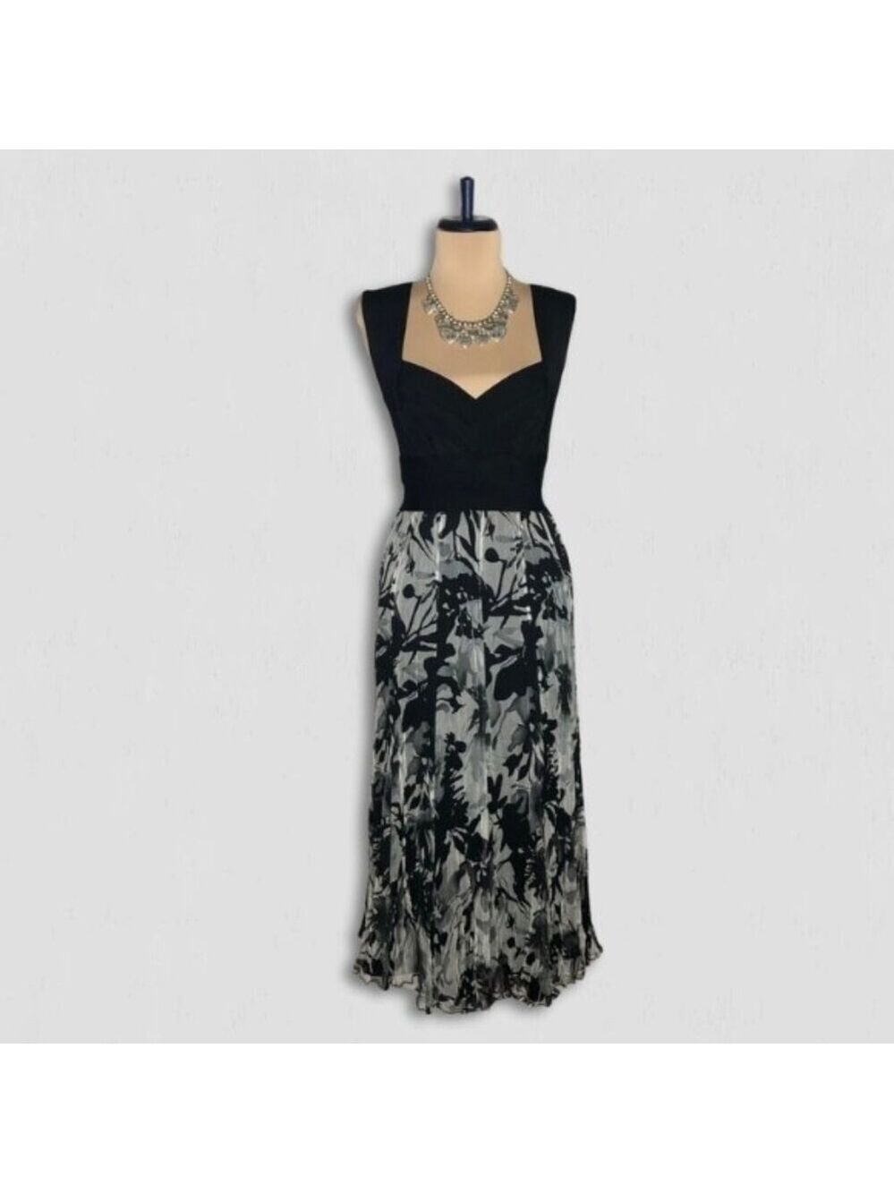Tadashi boho Midi Dress Fit Flare Floral Black White boho whimsigoth cocktail 8